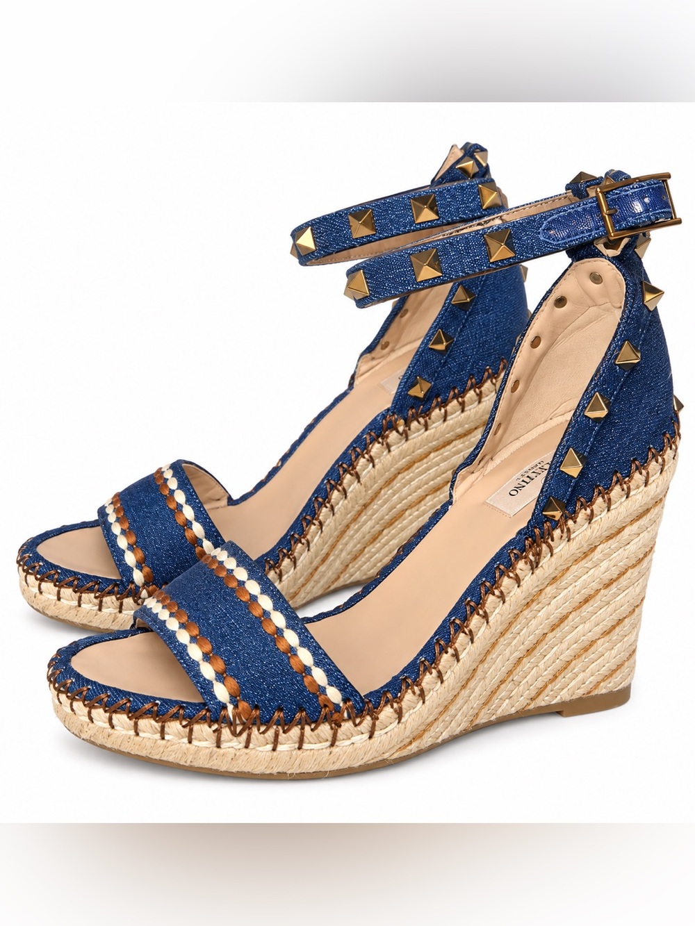 Valentino Garavani Denim Rockstud Espadrille Wedge Sandals